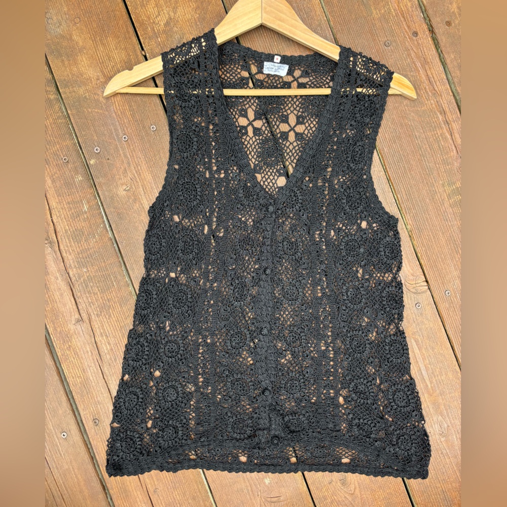 Silk vest, black silk cardigan, vintage 100% silk Black Crochet Sleeveless Top